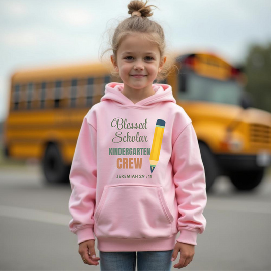 Blessed Scholar Kindergarten Crew Youth Hooded Sweatshirt – Bible Verse Jeremiah 29:11 Christian Back-to-School Pencil Design