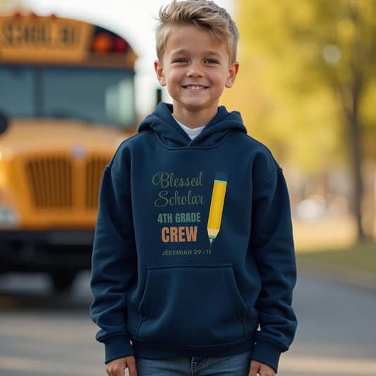 Blessed Scholar 4th Grade Crew Youth Hooded Sweatshirt – Bible Verse Jeremiah 29:11 Christian Back-to-School Pencil Design