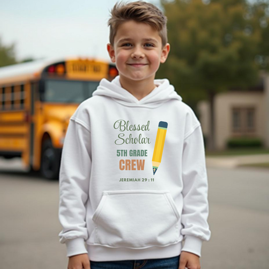 Blessed Scholar 5th Grade Crew Youth Hooded Sweatshirt – Bible Verse Jeremiah 29:11 Christian Back-to-School Pencil Design