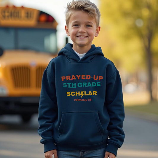 Prayed-Up 5th Grade Scholar Youth Hooded Sweatshirt – Bible Verse Proverbs 1:5 Christian Back-to-School Hoodie