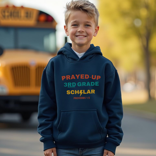 Prayed-Up 3rd Grade Scholar Youth Hooded Sweatshirt – Bible Verse Proverbs 1:5 Christian Back-to-School Hoodie