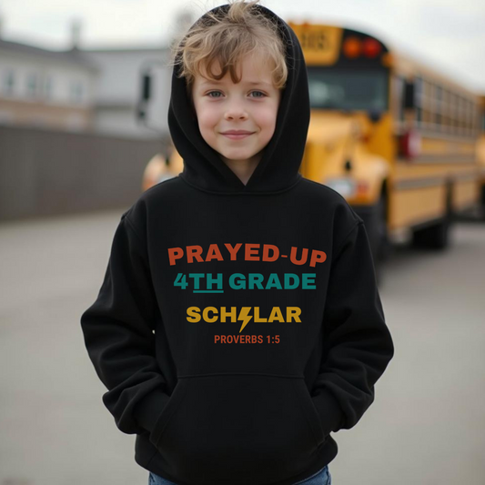 Prayed-Up 4th Grade Scholar Youth Hooded Sweatshirt – Bible Verse Proverbs 1:5 Christian Back-to-School Hoodie