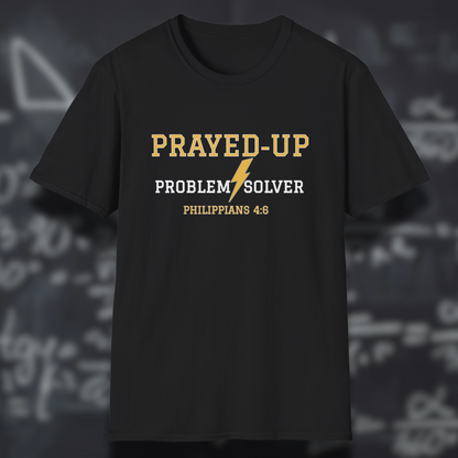 Prayed-Up Problem Solver Bible Verse (Philippians 4:6)-Varsity Christian Tee— Back-to-School Lightning Bolt