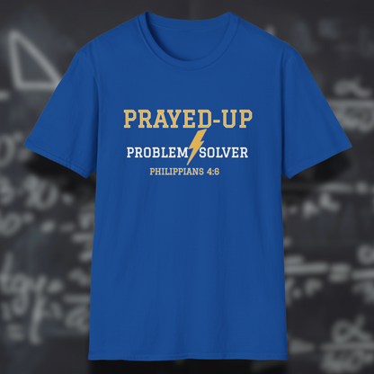 Prayed-Up Problem Solver Bible Verse (Philippians 4:6)-Varsity Christian Tee— Back-to-School Lightning Bolt