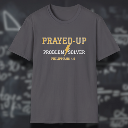 Prayed-Up Problem Solver Bible Verse (Philippians 4:6)-Varsity Christian Tee— Back-to-School Lightning Bolt