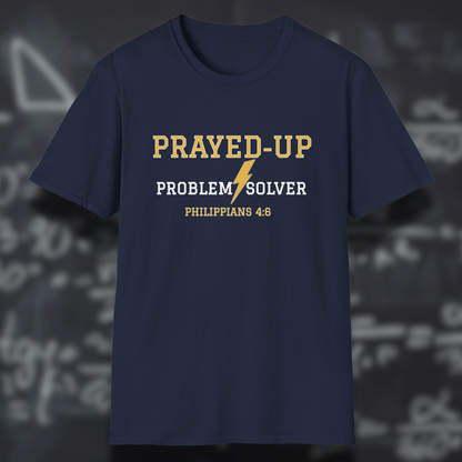 Prayed-Up Problem Solver Bible Verse (Philippians 4:6)-Varsity Christian Tee— Back-to-School Lightning Bolt