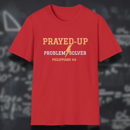 Prayed-Up Problem Solver Bible Verse (Philippians 4:6)-Varsity Christian Tee— Back-to-School Lightning Bolt