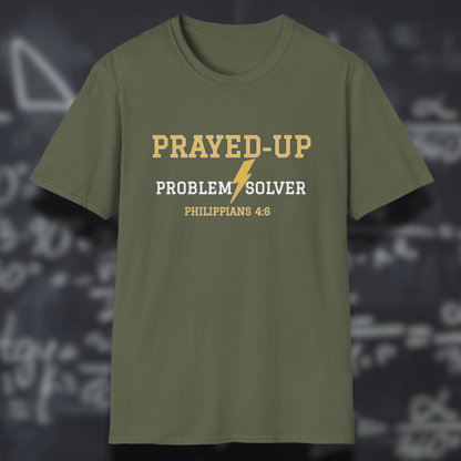 Prayed-Up Problem Solver Bible Verse (Philippians 4:6)-Varsity Christian Tee— Back-to-School Lightning Bolt