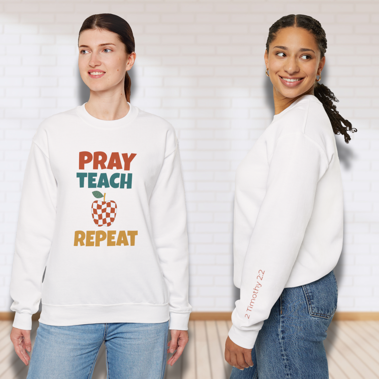 Pray Teach Repeat w/ Bible Sleeve Verse (2 Timothy 2:2) Christian Teacher Sweatshirt• Checker Apple • Gildan 18000 • Back to School