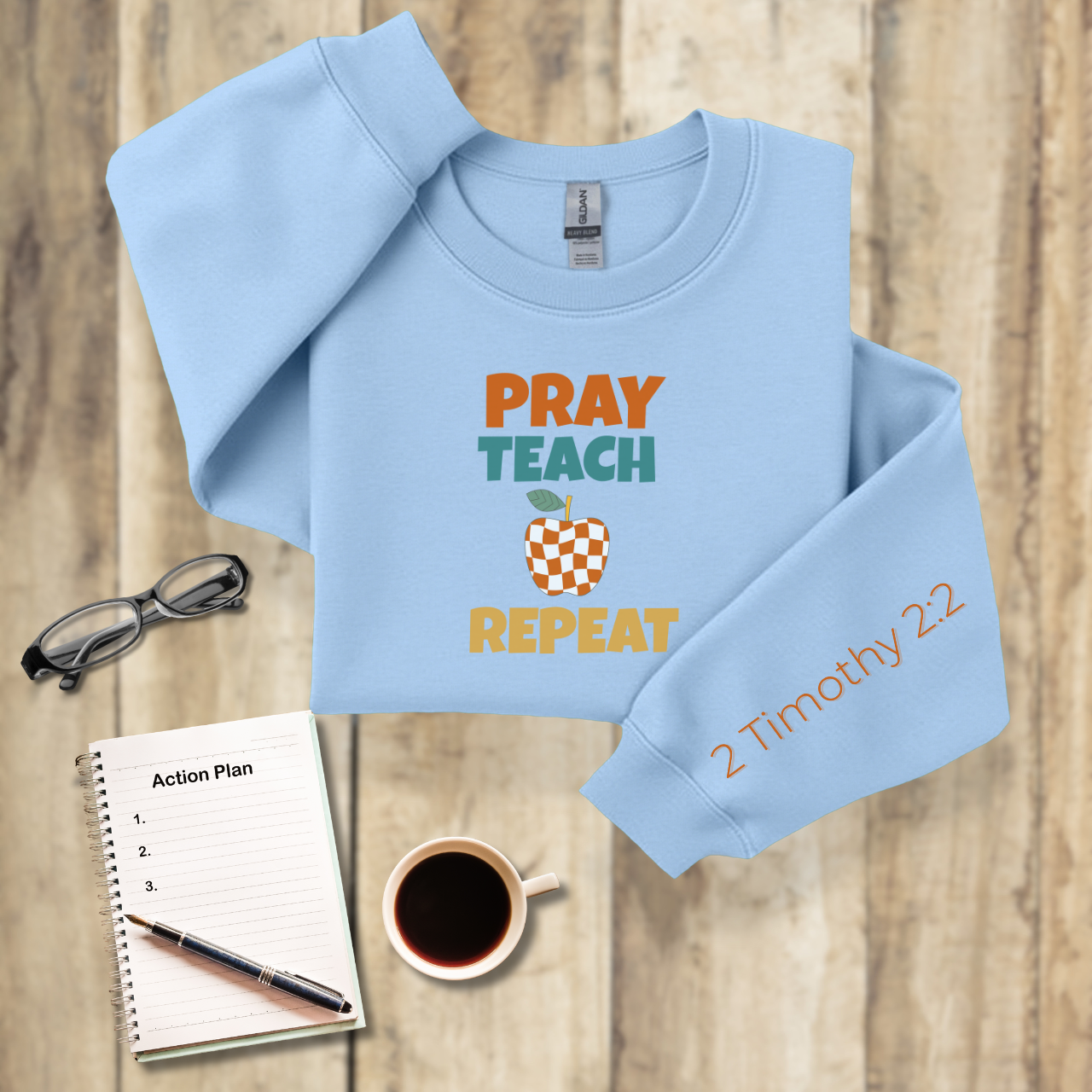 Pray Teach Repeat w/ Bible Sleeve Verse (2 Timothy 2:2) Christian Teacher Sweatshirt• Checker Apple • Gildan 18000 • Back to School