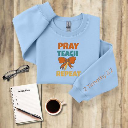 Pray Teach Repeat Croquette Ribbon-Pencil Bow w/Bible Sleeve Verse (2 Timothy 2:2) • Christian Teacher Sweatshirt • Retro •Gildan 18000 Unisex • Back to School