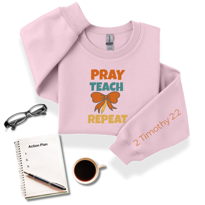 Pray Teach Repeat Croquette Ribbon-Pencil Bow w/Bible Sleeve Verse (2 Timothy 2:2) • Christian Teacher Sweatshirt • Retro •Gildan 18000 Unisex • Back to School