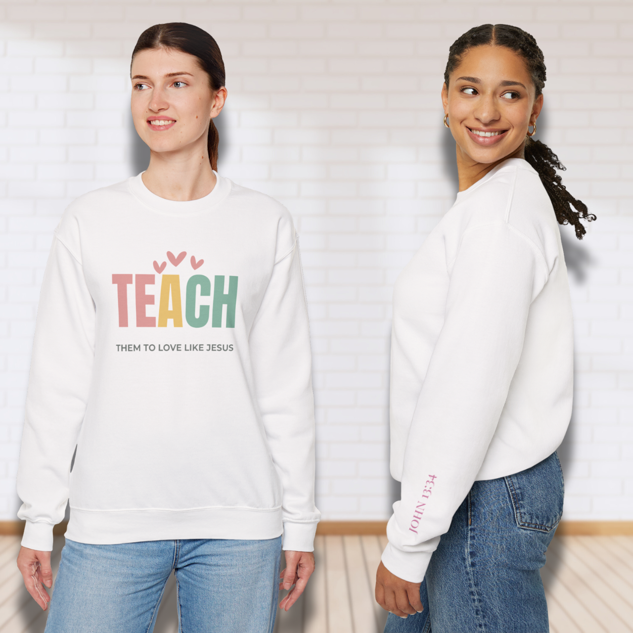 Teach Them to Love Like Jesus Pastel Hearts w/Bible Sleeve Verse John 13:34 • Christian Teacher Sweatshirt —  Gildan 18000 • Back to School