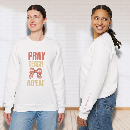 Pray Teach Repeat  w/ Bible Sleeve Verse (2 Timothy 2:2) Christian Sweatshirt • Pastel Bow & Pencil Graphic • Gildan 18000 • Back to School
