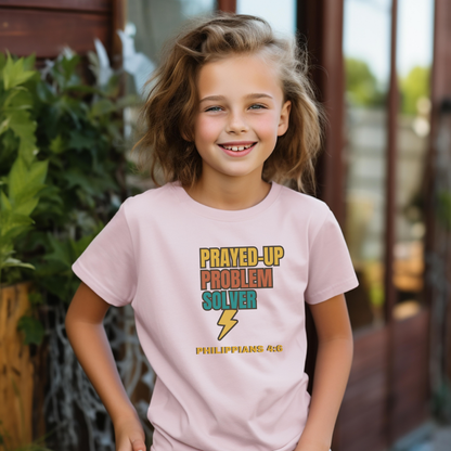 Prayed-Up Problem Solver Youth T-Shirt – Bible Verse Philippians 4:6 Christian Block Retro Design Back-to-School Tee