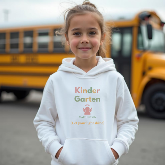 Kindergarten Let Your Light Shine Youth Hooded Sweatshirt – Angel Icon – Bible Verse Matthew 5:16 Christian Back-to-School