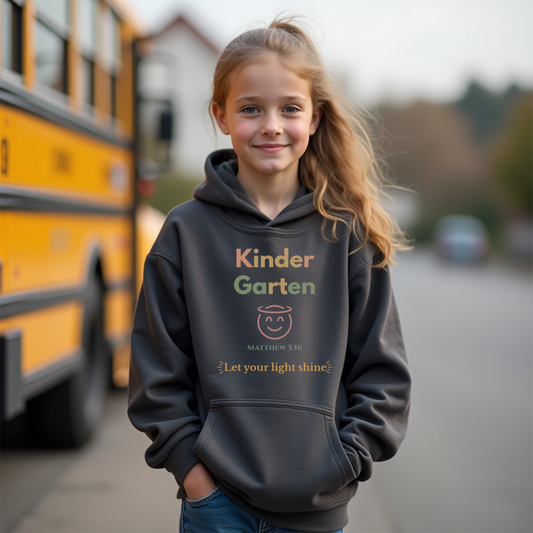 Kindergarten Let Your Light Shine Youth Hooded Sweatshirt – Smiling Angel Face – Bible Verse Matthew 5:16 Christian Back-to-School