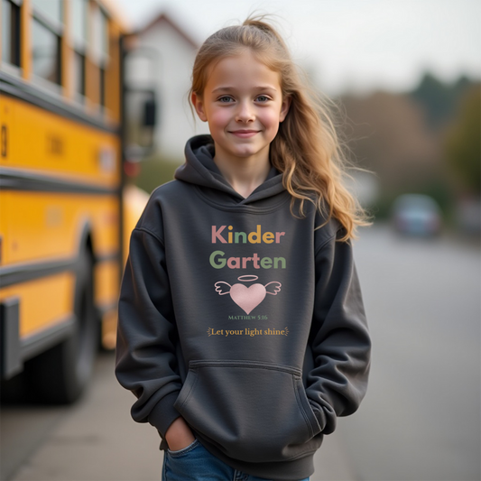 Kindergarten Let Your Light Shine Youth Hooded Sweatshirt – Angel Wings Heart – Bible Verse Matthew 5:16 Christian Back-to-School