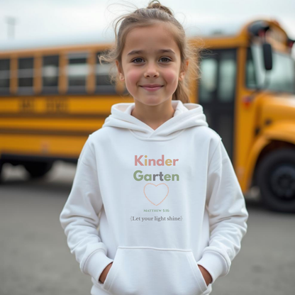 Kindergarten Let Your Light Shine Youth Hooded Sweatshirt – Heart Outline Design –Bible Verse Matthew 5:16 Christian Back-to-School Hoodie