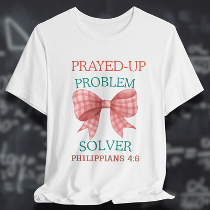 Prayed-Up Problem Solver Coquette Bow (with Philippians 4:6 Bible Verse) Christian Tee — Back-to-School Gingham