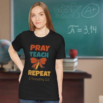 Pray Teach Repeat Coquette Bow (with 2 Timothy 2:2 Bible Verse) Christian Tee — Back-to-School Retro autumn Bow Pencil