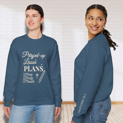 Prayed-Up Lesson Plans w/Bible Sleeve Verse (Proverbs 16:3) Christian Teacher Sweatshirt • Gildan 18000 Unisex Fleece • Back to School