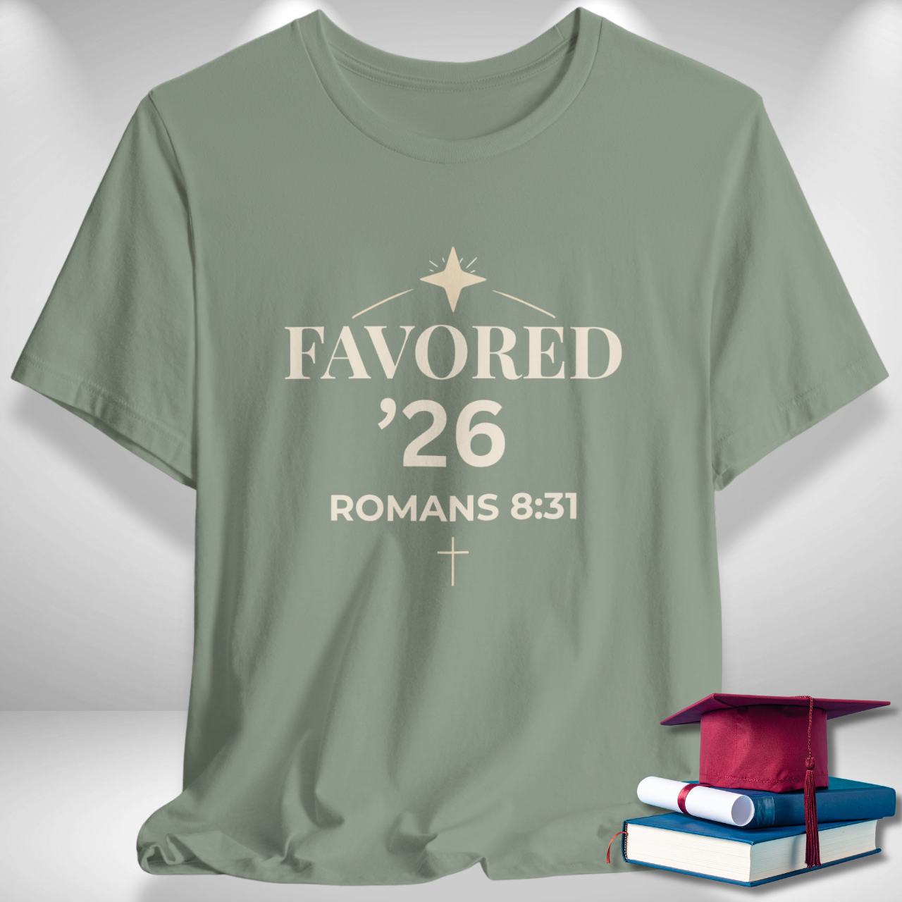 Favored ’26 Senior (Romans 8:31 Bible Verse) Christian Tee Back to School — Arch & Star | Bella+Canvas 3001