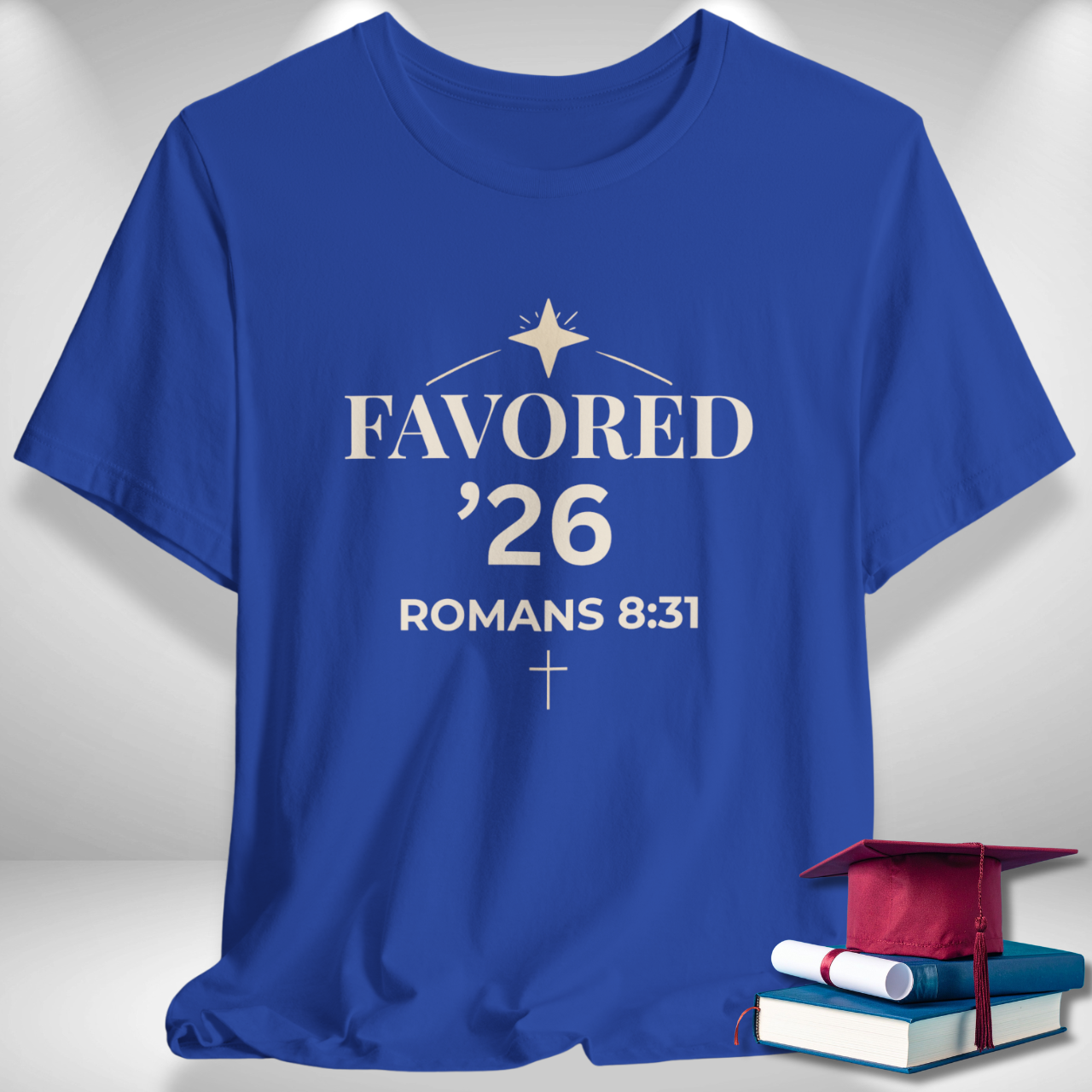 Favored ’26 Senior (Romans 8:31 Bible Verse) Christian Tee Back to School — Arch & Star | Bella+Canvas 3001