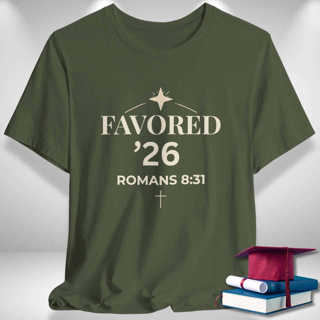 Favored ’26 Senior (Romans 8:31 Bible Verse) Christian Tee Back to School — Arch & Star | Bella+Canvas 3001