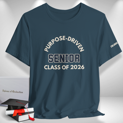 Purpose-Driven Senior Class of 2026 (Colossians 3:23 Bible Verse on Sleeve) Christian Tee  — Varsity | Bella+Canvas 3001