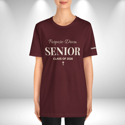 Purpose-Driven Senior Class of 2026 (Colossians 3:23 Bible Verse on Sleeve) Christian Tee —White Print — Bella+Canvas 3001