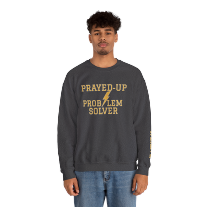Prayed-Up Problem Solver Retro Varsity w/Bible Sleeve Verse Philippians 4:6 Sweatshirt Unisex — Christian Teacher • Gildan 18000