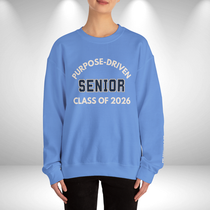 Purpose-Driven Senior Class of 2026 W/Sleeve Bible Verse (Colossians 3:23) Crewneck Sweatshirt – Christian Varsity Style Senior Sweatshirt
