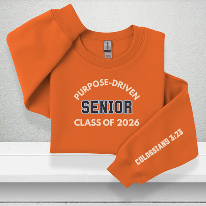 Purpose-Driven Senior Class of 2026 W/Sleeve Bible Verse (Colossians 3:23) Youth Crewneck Sweatshirt Unisex – Christian Varsity Style Senior Sweatshirt