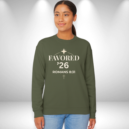 Favored ’26 Senior Sweatshirt with Bible Verse Romans 8:31 | Christian Faith-Based Crewneck