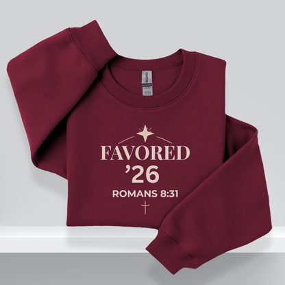 Favored ’26 Senior Sweatshirt with Bible Verse Romans 8:31 | Christian Faith-Based Crewneck