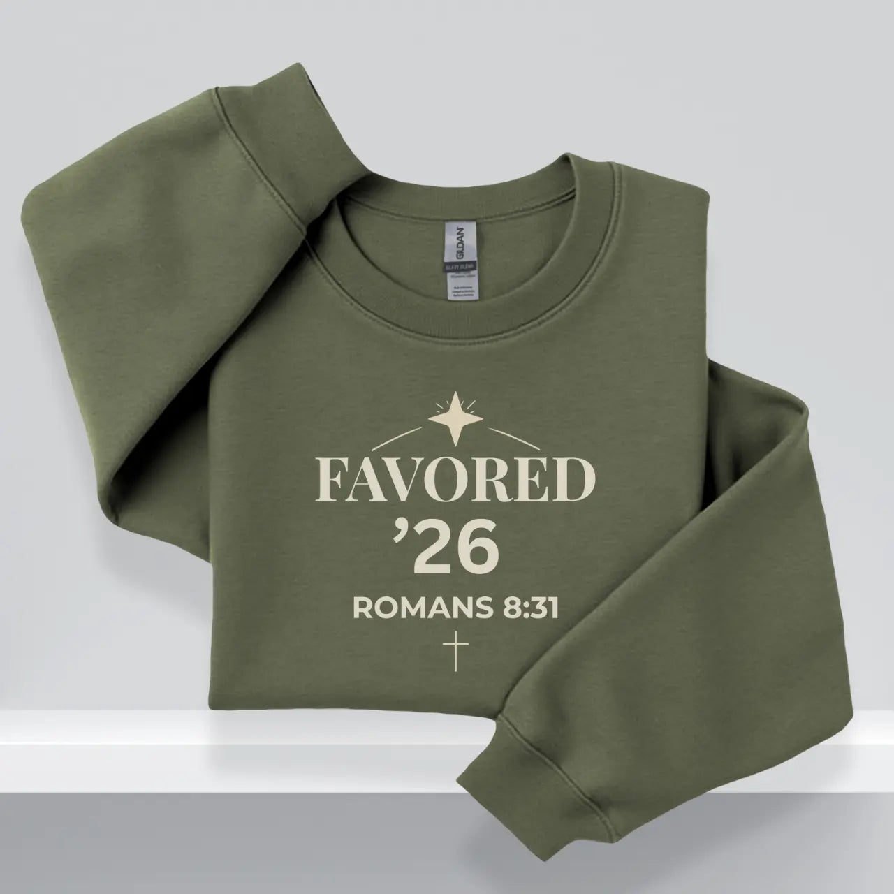 Favored ’26 Sweatshirt | Romans 8:31 Senior Crewneck Printify
