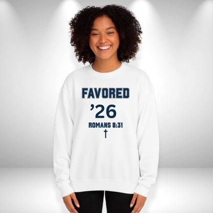 Favored ’26 Christian Senior Sweatshirt – W/Romans 8:31 Bible Verse | Faith-Based Class of 2026 Crewneck