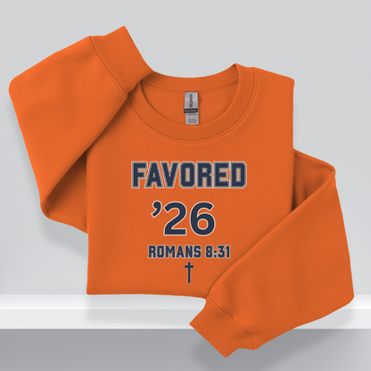 Favored ’26 Christian Senior Sweatshirt – W/Romans 8:31 Bible Verse | Faith-Based Class of 2026 Unisex Crewneck