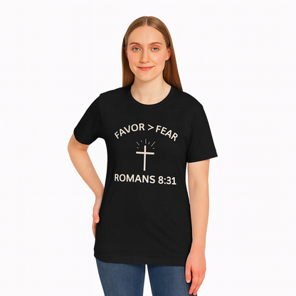 Favor > Fear (Romans 8:31 Bible Verse)  Christian-Tee Back to School — Minimal Cross | Bella+Canvas 3001