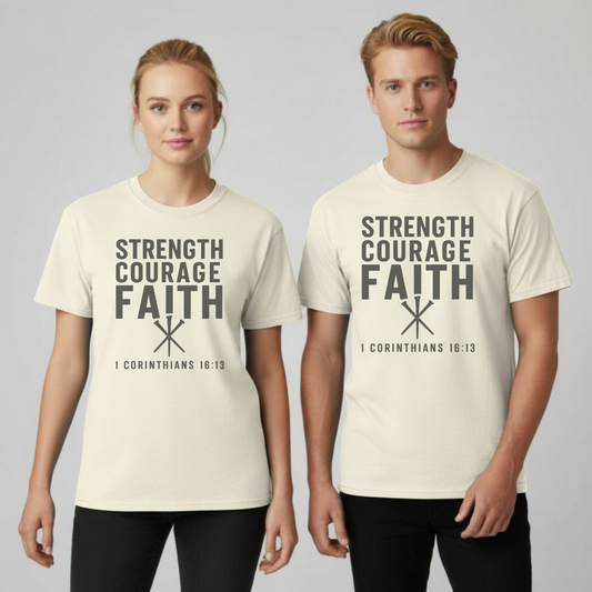 Strength Courage Faith Christian T-Shirt • 1 Corinthians 16:13 Bible Verse • | Men Women Comfort Colors 1717 Garment-Dyed
