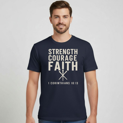 Strength Courage Faith Christian T-Shirt • 1 Corinthians 16:13 Bible Verse • Bold Faith Tee | Gildan 64000 Unisex Softstyle