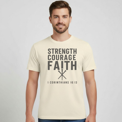 Strength Courage Faith Christian T-Shirt • 1 Corinthians 16:13 Bible Verse • Bold Faith Tee | Gildan 64000 Unisex Softstyle