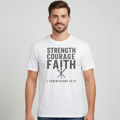 Strength Courage Faith Christian T-Shirt • 1 Corinthians 16:13 Bible Verse • Bold Faith Tee | Gildan 64000 Unisex Softstyle