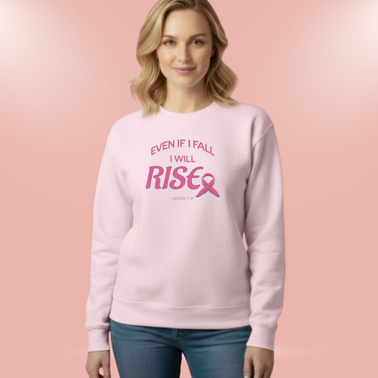 Even If I Fall I Will Rise Sweatshirt • Micah 7:8 Bible Verse Crewneck • Breast Cancer Awareness Faith Shirt • Gildan 18000 Christian Pullover