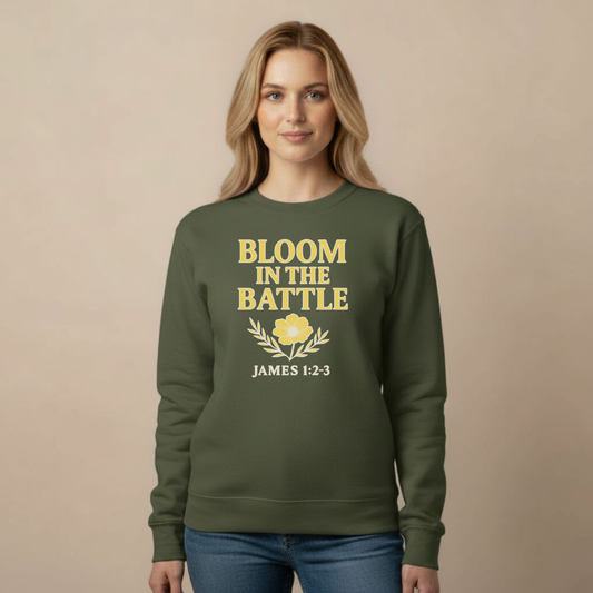 Bloom in the Battle Sweatshirt • James 1:2-3 Bible Verse Crewneck • Christian Women’s Faith Shirt • Gildan 18000 Pullover