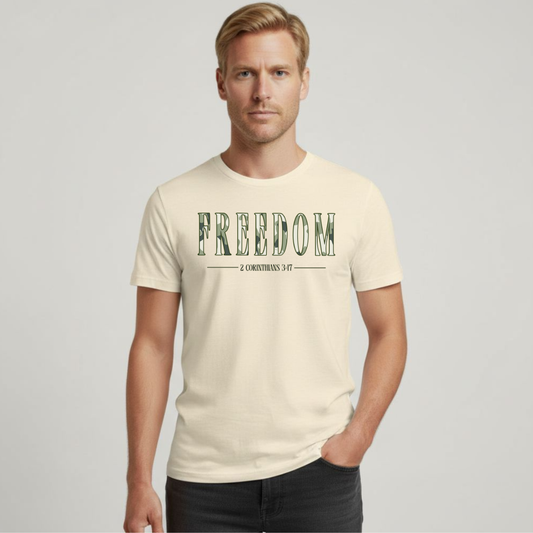 Freedom T-Shirt • 2 Corinthians 3:17 Christian Tee • Camouflage Pattern Gildan 64000 Faith Shirt