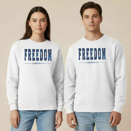 Freedom Christian Sweatshirt • 2 Corinthians 3:17 Bible Verse Crewneck • Gildan 18000 Unisex Faith Apparel