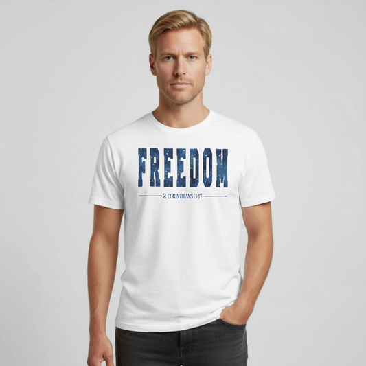 Freedom T-Shirt • 2 Corinthians 3:17 Christian Tee • Starry Night Pattern Gildan 64000 Gospel Shirt