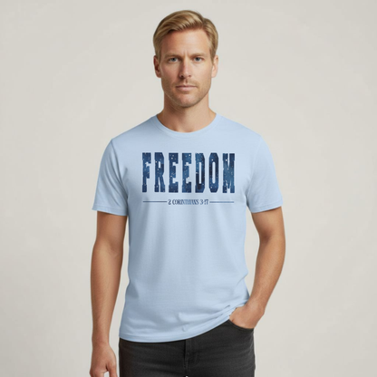 Freedom T-Shirt • 2 Corinthians 3:17 Christian Tee • Starry Night Pattern Gildan 64000 Gospel Shirt